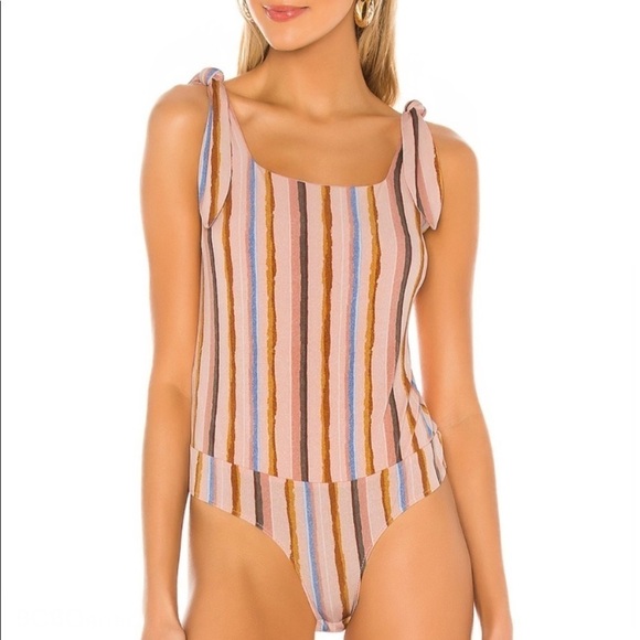 NWT BCBGeneration Revolve Multi Color Striped Tie Shoulder Thong Bodysuit - Picture 1 of 10